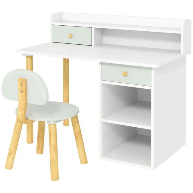 Rackhams Two-Piece Children Study Table with Hutch, Kids Desk and Chair Set with Storage, Drawer, Shelves, Green