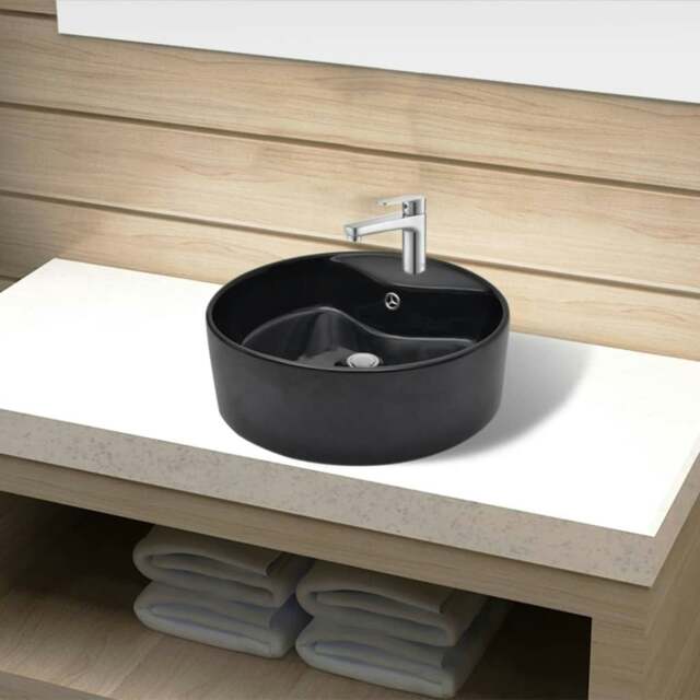 Rackhams Ceramic Bathroom Sink Basin Faucet/Overflow Hole Black Round