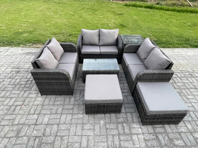 Rackhams Wicker PE Rattan Garden Furniture Set 8 Seater Outdoor Lounge Sofa Set with Love Sofa Coffee Table Side Table 2 Big Footstool Dark Grey Mixed - image 1