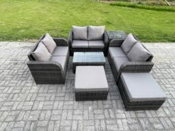 Rackhams Wicker PE Rattan Garden Furniture Set 8 Seater Outdoor Lounge Sofa Set with Love Sofa Coffee Table Side Table 2 Big Footstool Dark Grey Mixed - thumbnail 1