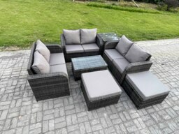 Rackhams Wicker PE Rattan Garden Furniture Set 8 Seater Outdoor Lounge Sofa Set with Love Sofa Coffee Table Side Table 2 Big Footstool Dark Grey Mixed - thumbnail 2