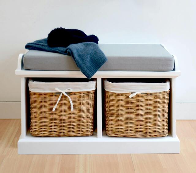 Rackhams Tetbury White Storage Bench with Natural Wicker Baskets and Grey Cushion - Small - image 1