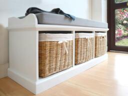 Rackhams Tetbury White Storage Bench with Natural Wicker Baskets and Grey Cushion - Small - thumbnail 2