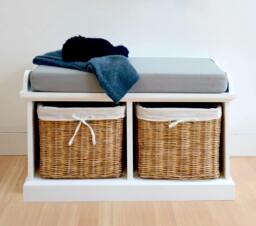Rackhams Tetbury White Storage Bench with Natural Wicker Baskets and Grey Cushion - Small - thumbnail 1