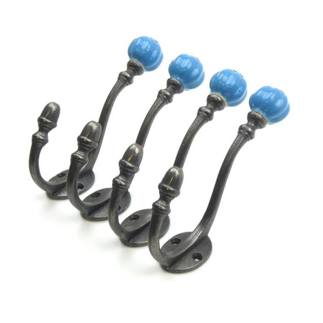 Rackhams Ceramic Tipped Shabby Chic Cast Iron Coat Hook 150mm - Pack of 4 Hooks - Sky Blue - image 1