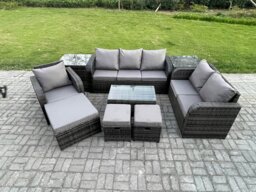 Rackhams Outdoor Garden Furniture Sets 9 Pieces Wicker Rattan Furniture Sofa Sets with Rectangular Coffee Table Loveseat Sofa 3 Footstools 2 Side Tables - thumbnail 2