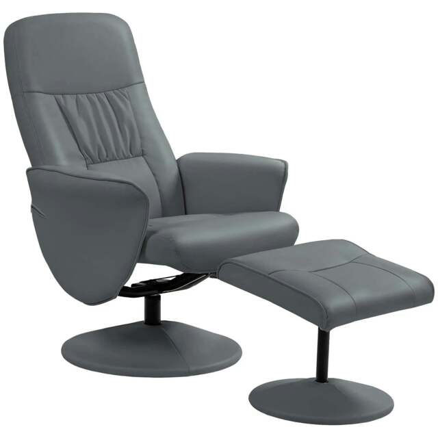 Rackhams Swivel Recliner Chair with Footstool, PU Leather Armchair and Ottoman with High Back and Round Base for Living Room, Grey