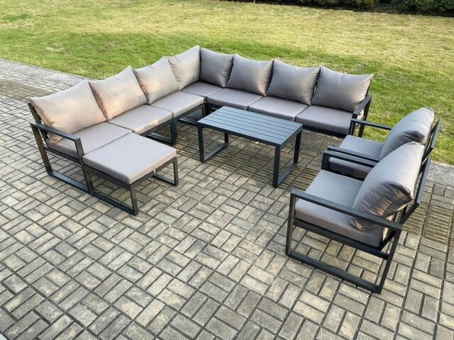 Rackhams Aluminium Patio Outdoor Garden Furniture Lounge Corner Sofa Set with Oblong Coffee Table Big Footstool 2 Chair Dark Grey