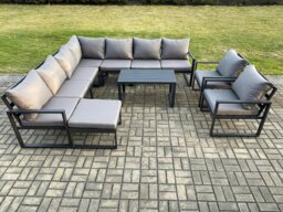 Rackhams Aluminium Patio Outdoor Garden Furniture Lounge Corner Sofa Set with Oblong Coffee Table Big Footstool 2 Chair Dark Grey - thumbnail 2
