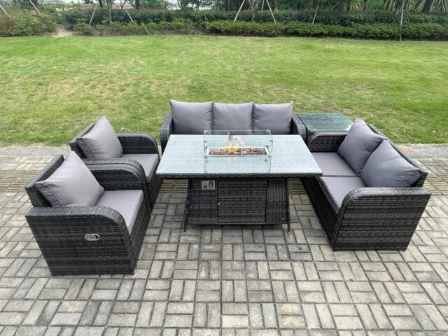 Rackhams PE Wicker Outdoor Rattan Garden Furniture Set Propane Gas Fire Pit Table and Sofa Chair set with Side Table 7 Seater - image 1