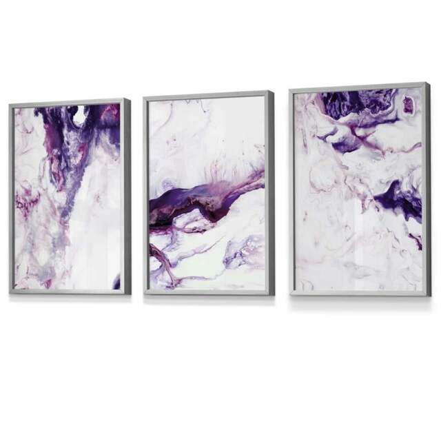 Rackhams Set of 3 Purple Pink Abstract Waves Framed Wall Art - 42x59cm (A2) - Light Grey - image 1