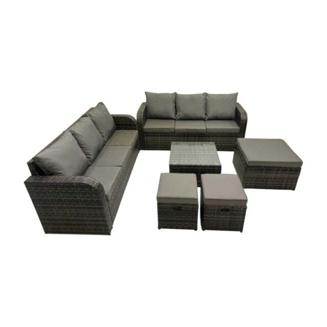 Rackhams Rattan Garden Outdoor Furniture Set 3 Seater Sofa Square Coffee Table Set with 3 Stools Dark Grey Mixed - image 1