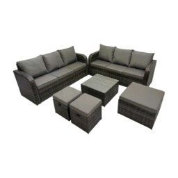 Rackhams Rattan Garden Outdoor Furniture Set 3 Seater Sofa Square Coffee Table Set with 3 Stools Dark Grey Mixed - thumbnail 2