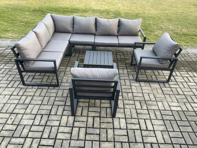 Rackhams Aluminium Garden Furniture Set Outdoor Lounge Corner Sofa 2 Pcs Chair Square Coffee Table Sets Dark Grey 8 Seater