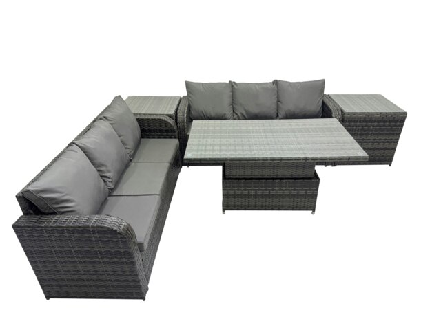 Rackhams Rattan Garden Furniture Dining Set 6 seater Patio Height Adjustable Rising Lifting Table Sofa Set with 2 Side Table Dark Grey Mixed - image 1