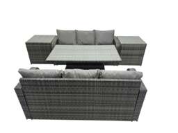 Rackhams Rattan Garden Furniture Dining Set 6 seater Patio Height Adjustable Rising Lifting Table Sofa Set with 2 Side Table Dark Grey Mixed - thumbnail 2