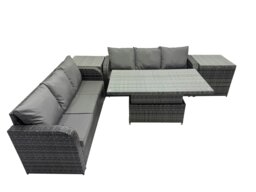 Rackhams Rattan Garden Furniture Dining Set 6 seater Patio Height Adjustable Rising Lifting Table Sofa Set with 2 Side Table Dark Grey Mixed - thumbnail 1