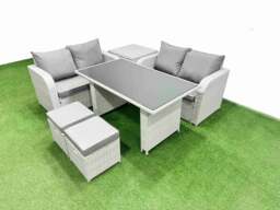 Rackhams 6 Pieces Outdoor PE Rattan Sofa Set Patio Garden Furniture Sets with Cushions Side Table 2 Small Stools Light Grey