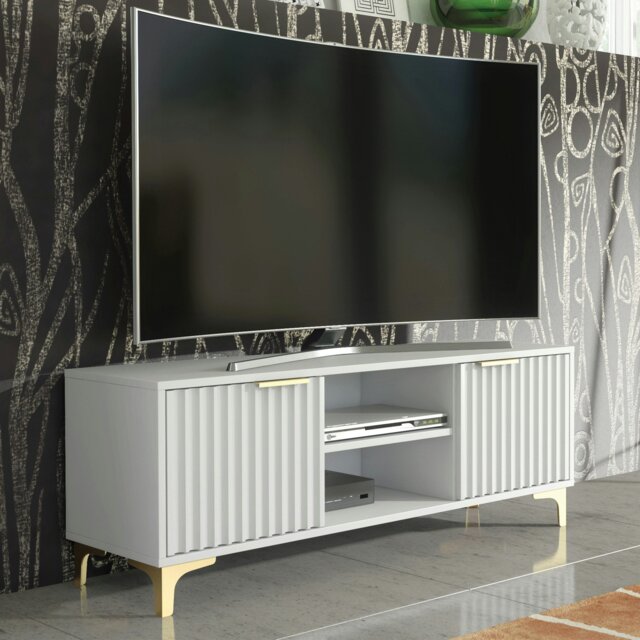 Rackhams TV Stand 120cm – White Matt Body & White Fluted Doors with Gold Legs - 120 cm - 1 -  MDF/Chipboard - image 1