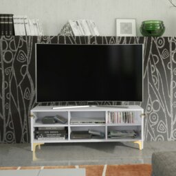 Rackhams TV Stand 120cm – White Matt Body & White Fluted Doors with Gold Legs - 120 cm - 1 -  MDF/Chipboard - thumbnail 3