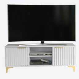 Rackhams TV Stand 120cm – White Matt Body & White Fluted Doors with Gold Legs - 120 cm - 1 -  MDF/Chipboard - thumbnail 5