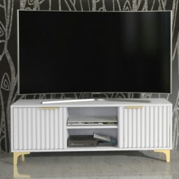 Rackhams TV Stand 120cm – White Matt Body & White Fluted Doors with Gold Legs - 120 cm - 1 -  MDF/Chipboard - thumbnail 4