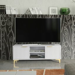 Rackhams TV Stand 120cm – White Matt Body & White Fluted Doors with Gold Legs - 120 cm - 1 -  MDF/Chipboard - thumbnail 2