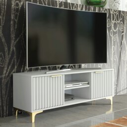 Rackhams TV Stand 120cm – White Matt Body & White Fluted Doors with Gold Legs - 120 cm - 1 -  MDF/Chipboard