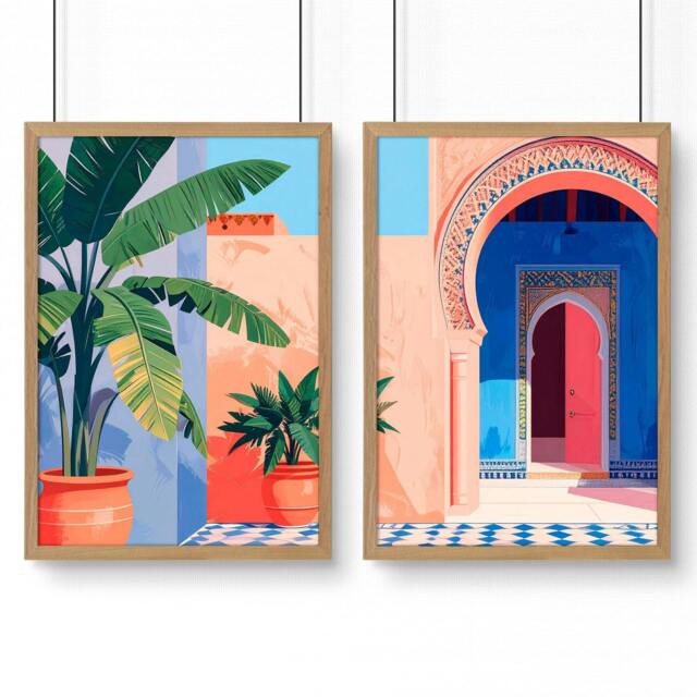 Rackhams Hallway Wall Decor - Set of 2 Moroccan Inspired Wall art Prints - 20 x 30 in / 50 x 76 cm - Satin Photo paper 280 gsm - Oak Frame - image 1