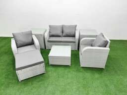 Rackhams Light Grey PE Wicker Rattan Garden Furniture Set Sofa Set Reclining Adjustable Chair Square Coffee Table 5 Seater With Footstool 2 Side Table - thumbnail 1