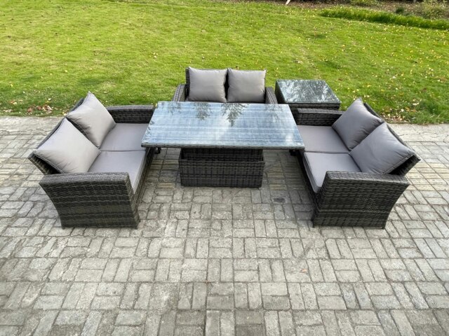Rackhams 6 Seater Rattan Wicker Garden Furniture Patio Conservatory Sofa Set with Height Adjustable Rising Lifting Table Double Seat Sofa Side Table - image 1