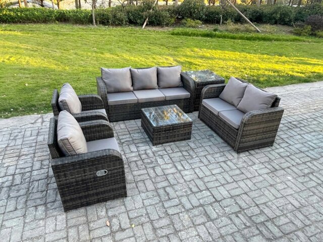 Rackhams 7 Seater Garden Furniture Set Rattan Outdoor Lounge Sofa Chair With Tempered Glass Table Side Table Dark Grey Mixed - image 1