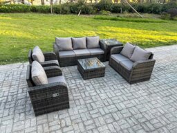 Rackhams 7 Seater Garden Furniture Set Rattan Outdoor Lounge Sofa Chair With Tempered Glass Table Side Table Dark Grey Mixed - thumbnail 1