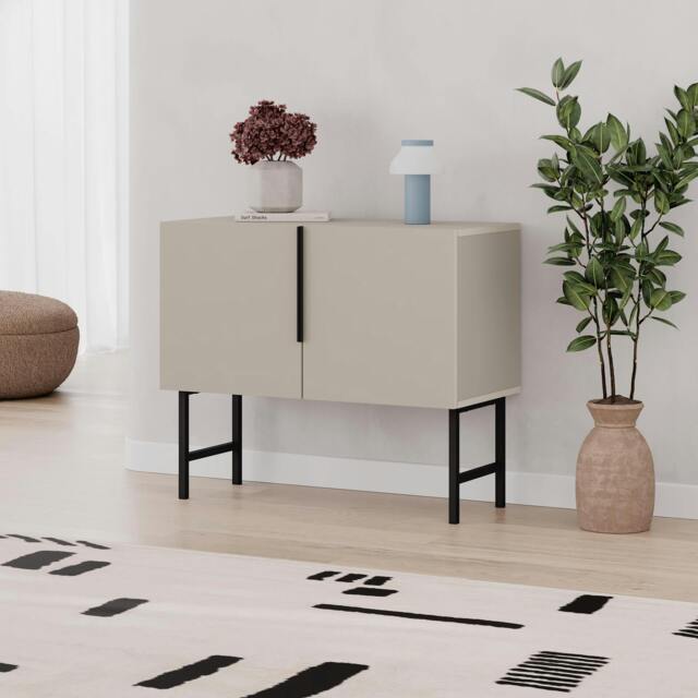 Rackhams Modern Tona Console Cabinet w/Soft-Close 2 Doors Sideboard Black Metal Legs 88(W)cm - Sandstone - image 1