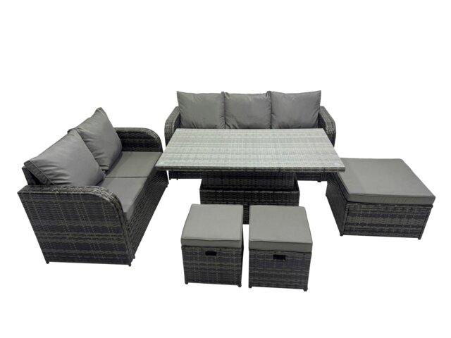 Rackhams Rattan Garden Furniture Dining Set 8 seater Patio Height Adjustable Rising Lifting Table Sofa Set with 3 Footstools Dark Grey Mixed - image 1
