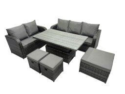 Rackhams Rattan Garden Furniture Dining Set 8 seater Patio Height Adjustable Rising Lifting Table Sofa Set with 3 Footstools Dark Grey Mixed - thumbnail 2