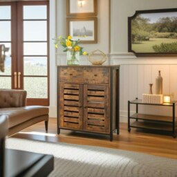 Rackhams Rustic Floor Cabinet with Drawer & Louvered Doors – Freestanding Storage Unit for Hallway or Bedroom - thumbnail 3
