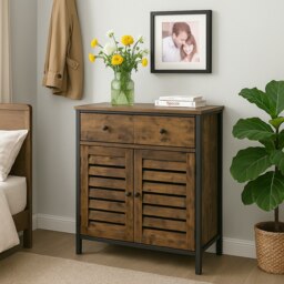Rackhams Rustic Floor Cabinet with Drawer & Louvered Doors – Freestanding Storage Unit for Hallway or Bedroom - thumbnail 2