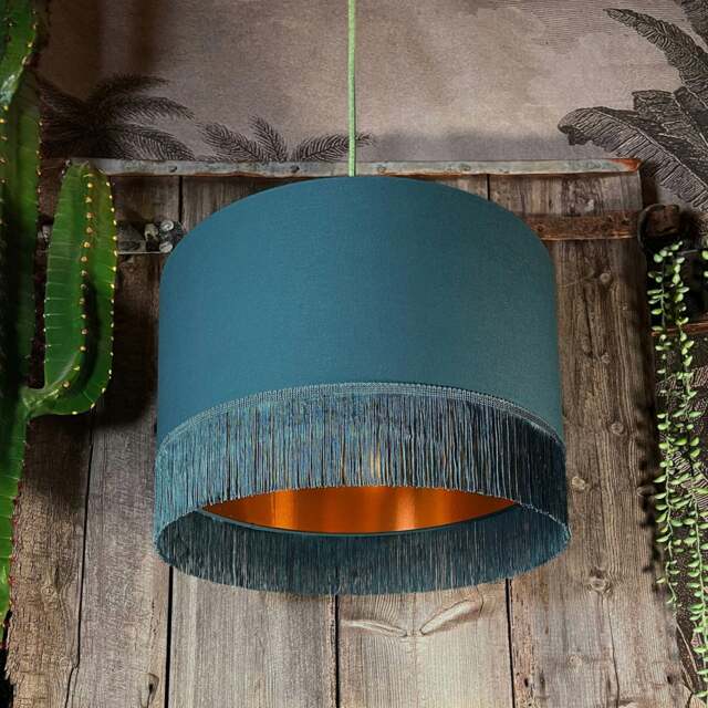 "Rackhams Petrol Blue Lampshade with Copper Foil Lining & Blue Fringing - Table / Floor Lamp - 60cm Diameter x 30cm Height / (24"" x 12"")" - image 1