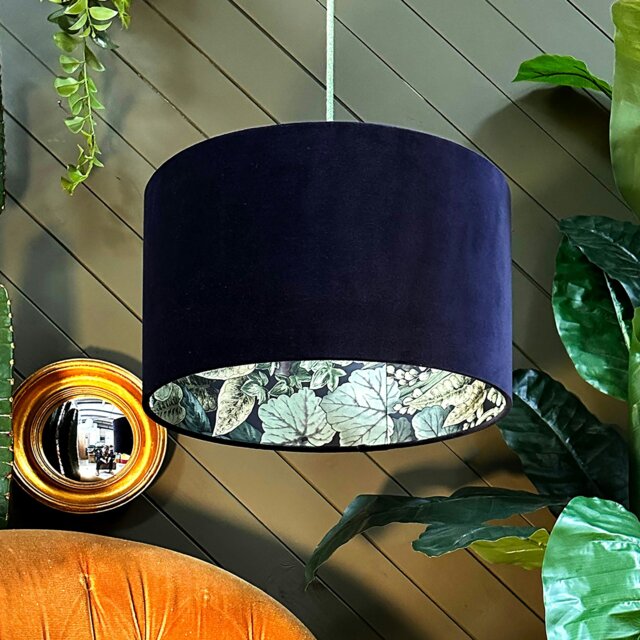Rackhams Moonlight Walled Garden Silhouette Lampshade in Indigo Velvet - Ceiling Pendant / Arc Lamp - 45cm diameter x 25cm Height (18″ x 10″) - image 1