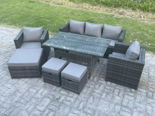 Rackhams Outdoor Garden Furniture Set Patio Rattan Rectangular Dining Table Lounge Sofa Chair with Big Footstool 2 Small Stools Dark Grey Mixed - image 1