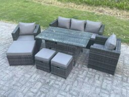 Rackhams Outdoor Garden Furniture Set Patio Rattan Rectangular Dining Table Lounge Sofa Chair with Big Footstool 2 Small Stools Dark Grey Mixed - thumbnail 1