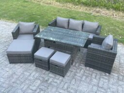 Rackhams Outdoor Garden Furniture Set Patio Rattan Rectangular Dining Table Lounge Sofa Chair with Big Footstool 2 Small Stools Dark Grey Mixed - thumbnail 2