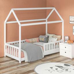 Rackhams House-Shaped Kids Bed Frame with Safety Fence for Boys Girls, White - White