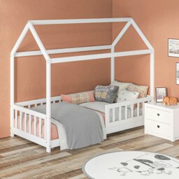 Rackhams House-Shaped Kids Bed Frame with Safety Fence for Boys Girls, White - White - thumbnail 3