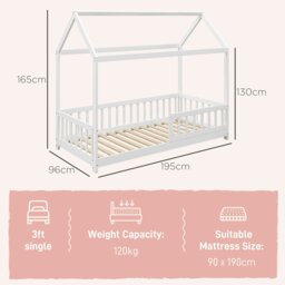 Rackhams House-Shaped Kids Bed Frame with Safety Fence for Boys Girls, White - White - thumbnail 6