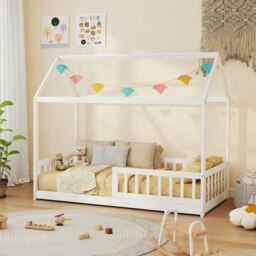 Rackhams House-Shaped Kids Bed Frame with Safety Fence for Boys Girls, White - White - thumbnail 2