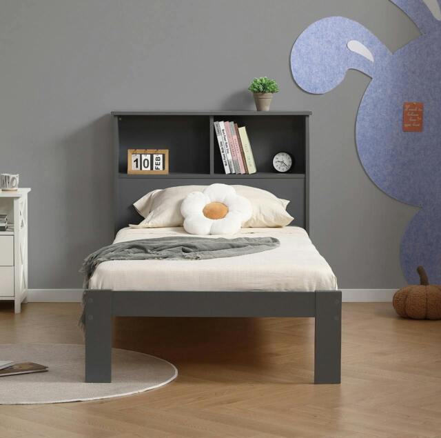 Rackhams Easton Wooden Single Bed Frame with Shelf Headboard, White or Grey - Grey - image 1