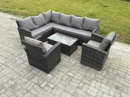 Rackhams Rattan Lounge Corner Sofa Set Wicker PE Outdoor Garden Furniture Set with Rectangular Coffee Table 2 Armchairs Dark Grey Mixed - thumbnail 1