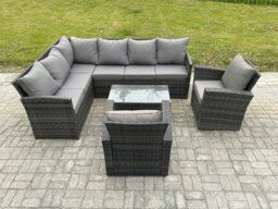 Rackhams Rattan Lounge Corner Sofa Set Wicker PE Outdoor Garden Furniture Set with Rectangular Coffee Table 2 Armchairs Dark Grey Mixed - thumbnail 2